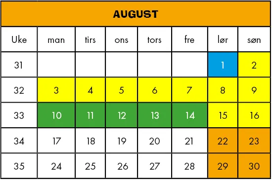 åpningsdager august