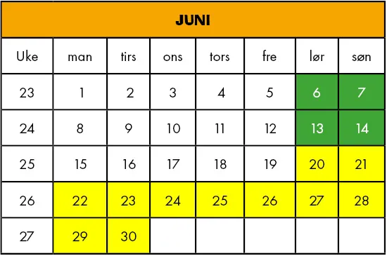 Månedskalender for juni med ukedager og datoer, der enkelte helger og uke 26 er fargelagt i grønt og gult.