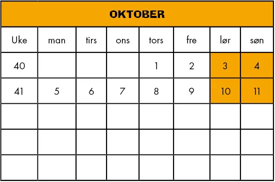 Kalender for oktober med ukedager og ukenumre, der helgene er markert i oransje og datoer er delvis utfylt.