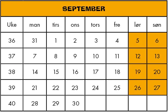 Kalenderrute for september med ukedager og ukenummer, der lørdag og søndag er markert i oransje.